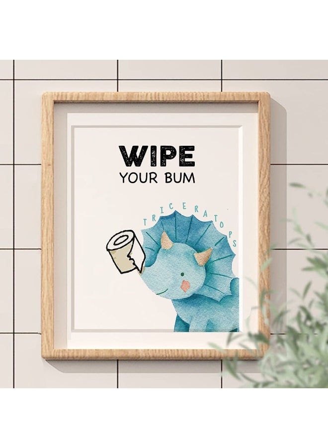 FALJIOK Funny Dinosaur Bathroom Decor, Fun Gag Brush Flush Wipe Wash Wall Art Prints Decorations for Nursery Bathroom, Dinosaur Posters for Son Daughter Set of 4(8" x 10") Unframed - Image 3